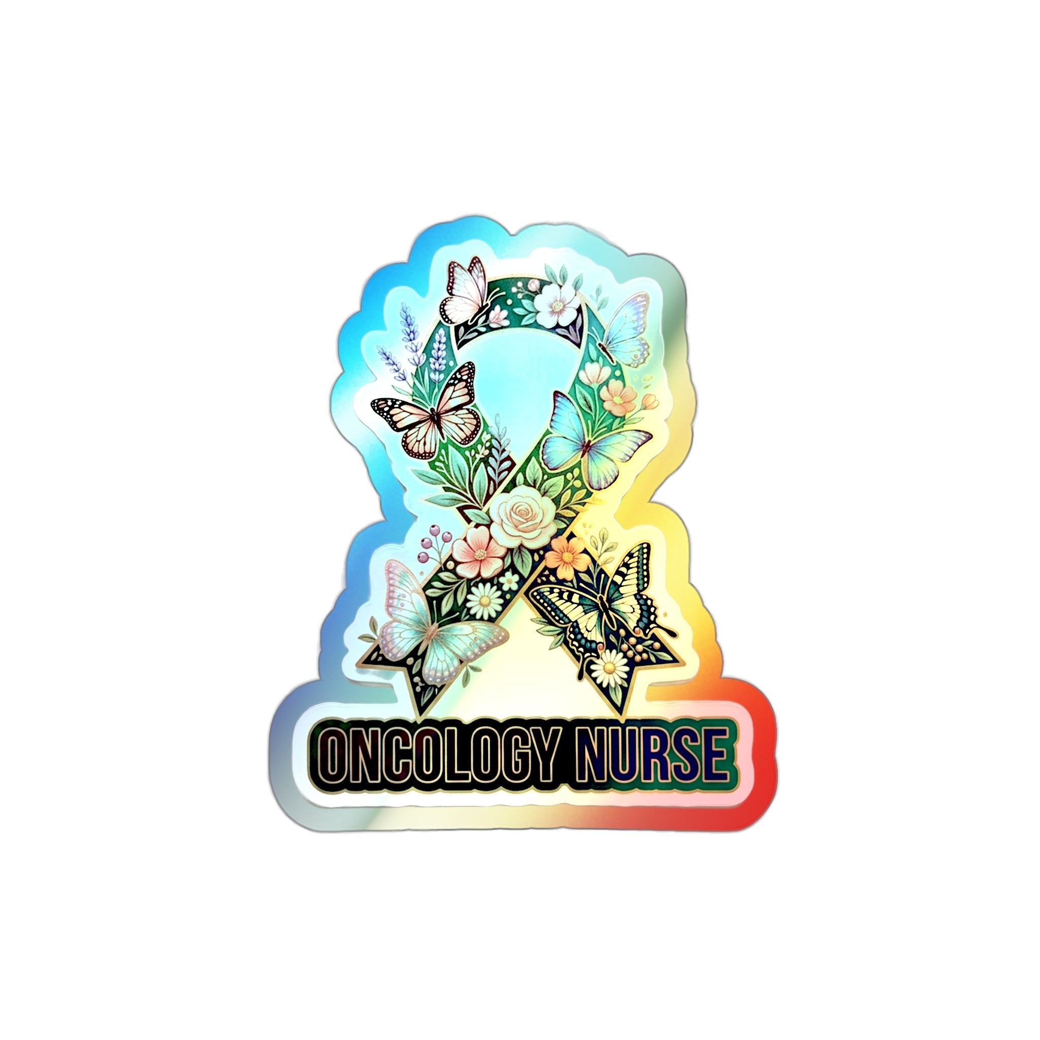 Oncology Floral Ribbon Bloom - Holographic Die-Cut Sticker