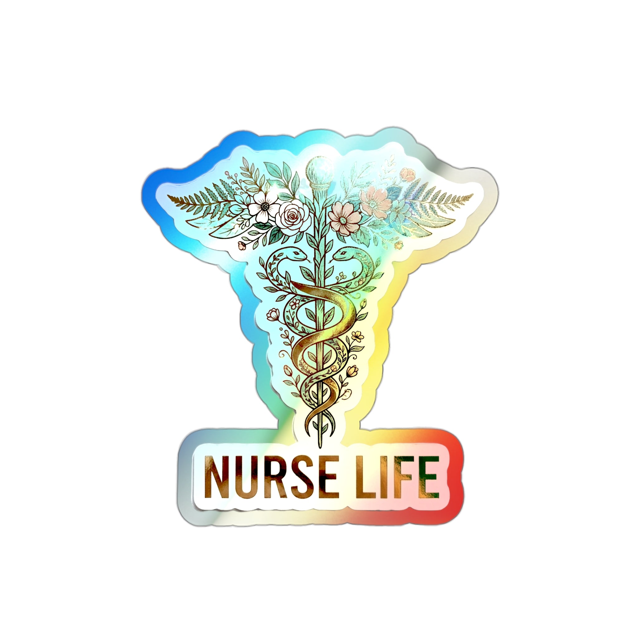 Nurse Life Botanical Caduceus - Holographic Die-Cut Sticker