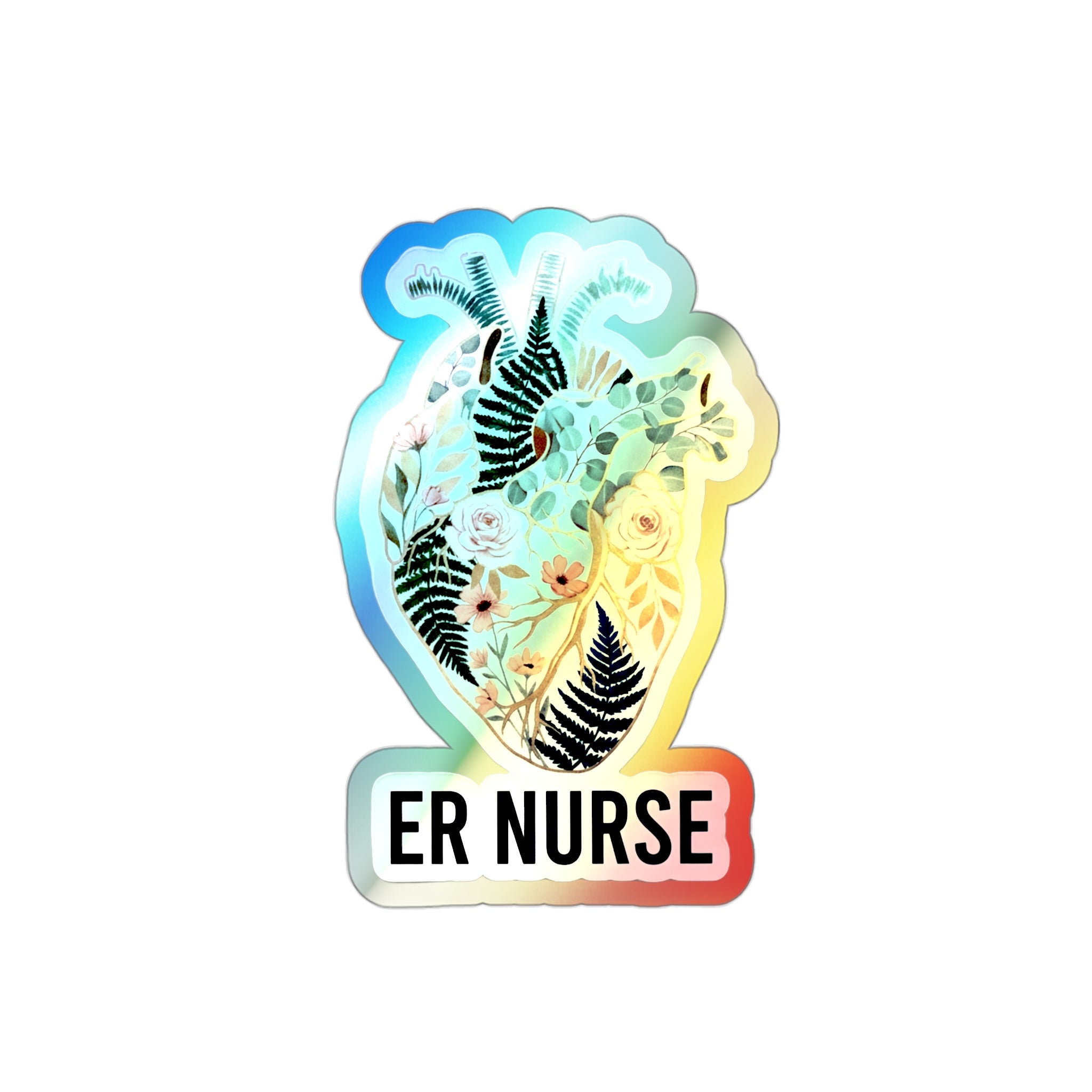 Anatomical Heart in Gold-Foil Botanicals - Holographic Die-Cut Sticker